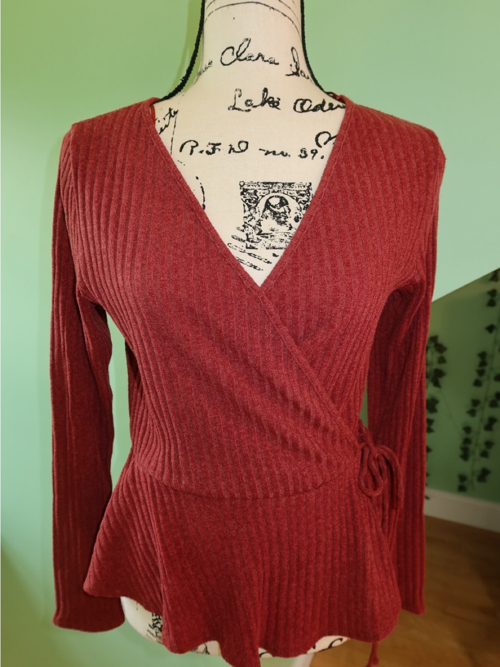 Sienna Sky Ribbed Wrap V-Neck Sweater - Brick Red